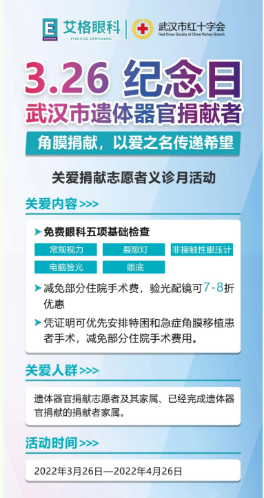 武汉市红十字会&武汉艾格眼科医院 关爱捐献志愿者义诊月活动！